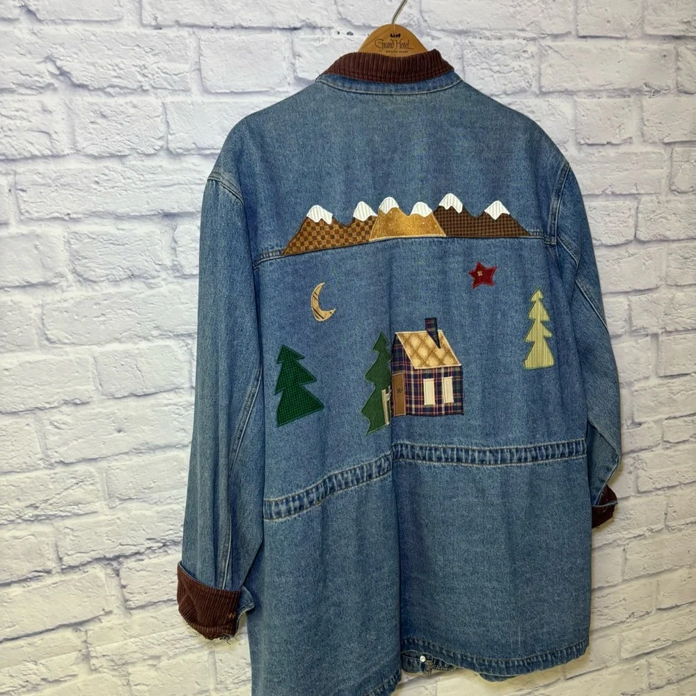 Baccini Womens Denim Jacket 2XL Embroidered Birdhouses Vintage Barn Jacket Moon - Picture 13 of 15